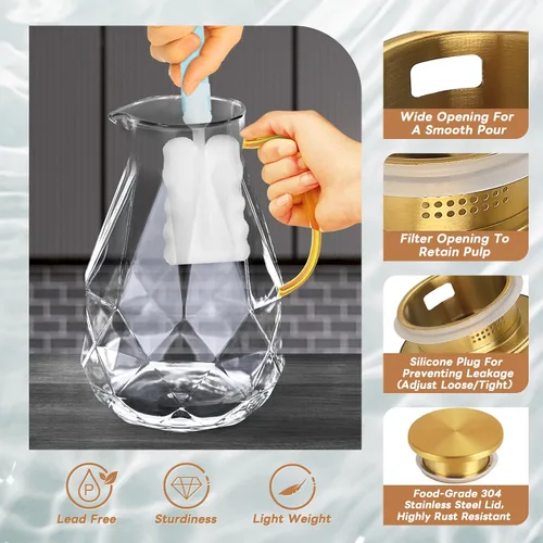 Miniatura 4 de Jarra de vidrio Yirilan, jarra de agua de 2.4 litros con tapa, jarra de té helado para nevera, jarra de agua de vidrio con tapa, jarra de agua