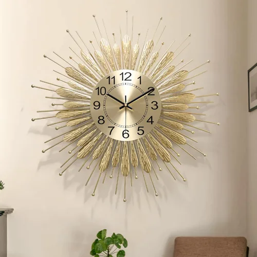 Miniatura 10 de Reloj de pared dorado de 23 pulgadas con diseño de rayos de sol, relojes de pared decorativos de mediados de siglo a pilas, diseño de rayos de sol