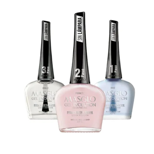 MASGLO GEL EVOLUTION - Esmalte de uñas efecto gel, sin lámpara UV/Led, duración hasta 12 días, 3 unidades, base, Esmalte Frances, Brillo - Efecto