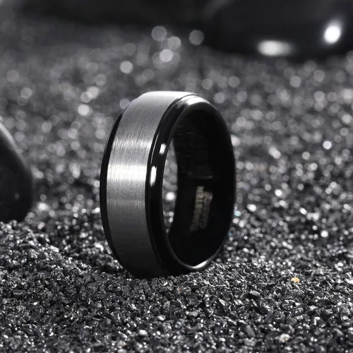 Miniatura 2 de TRUMIUM Anillo de boda de carburo de tungsteno de 0.236 in y 0.315 in para hombres y mujeres, borde escalonado, negroplata, grabado "I Love You