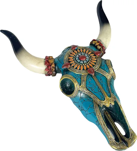 Miniatura 15 de Urbalabs - Escultura de pared de cuernos de calavera de cuerno largo de Texas, animales de taxidermia sintética, decoración de pared occidental