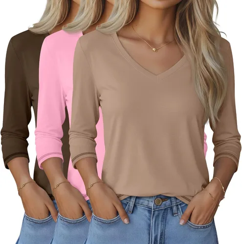 Miniatura 16 de Ficerd Paquete de 3 camisetas de manga 3/4 para mujer, cuello en V, blusas holgadas, blusas casuales, ropa de moda 2026