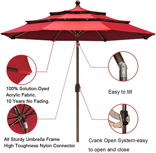Miniatura 4 de EliteShade USA - sombrilla de 2,75 m, de 3 niveles, para patio, para mesa de exterior, con ventilación, Logo Rojo, sin decoloración durante 10 años