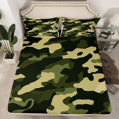 Miniatura 2 de Manfei Juego de sábanas de camuflaje verde tamaño individual, juego de sábanas de camuflaje militar, 3 piezas con sábana bajera de bolsillo profundo