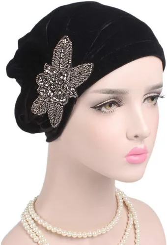 Miniatura 4 de YiYi Operation Gorro de terciopelo elástico para mujer, gorro de quimioterapia con cuentas de flores para el cabello