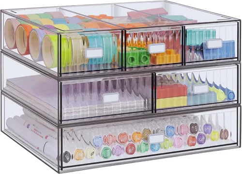 Organizador de Escritorio Apilable de 3 Niveles con 6 Cajones, YOCOMEY Caja de Almacenamiento de Escritorio de Plástico con Cajones, Organizador