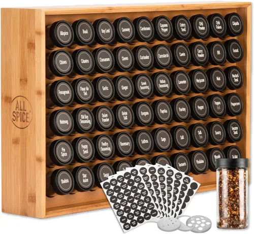 AllSpice Organizador de especias, madera, 525 etiquetas únicas, montaje en encimera o pared, incluye 60 tarros de 4 onzas, bambú