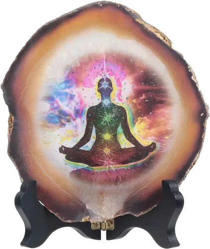 Rockcloud Losa de ágata de 7 chakras con soporte de madera, piedra curativa de ágata de chakras, forma irregular, adorno de escritorio de oficina en