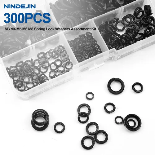Miniatura 3 de NINDEJIN Juego surtido de 300 arandelas de bloqueo de resorte, M3 M4 M5 M6 M8 de acero al carbono chapado en zinc negro, arandelas divididas