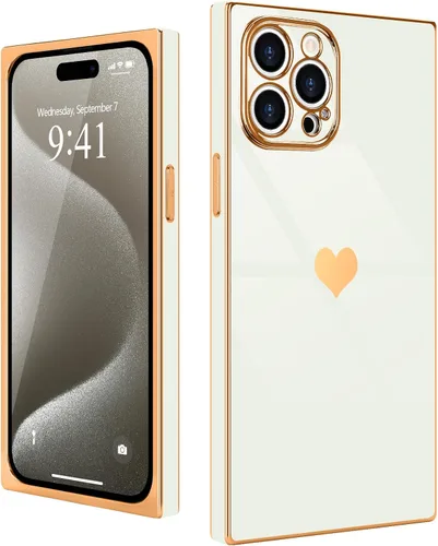 Miniatura 22 de Compatible con iPhone 12 Funda Rectangular Bonita Chapado Dorado Lujo Corazón de Amor Funda de Teléfono para Mujeres Niñas A Prueba de Golpes