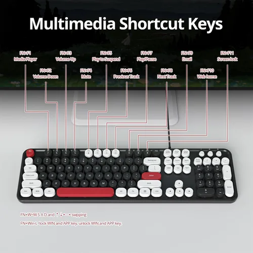 Miniatura 4 de Teclado punk retro, teclado de máquina de escribir de tamaño completo, diseño de llave flotante, USB con cable, con soportes plegables compatibles