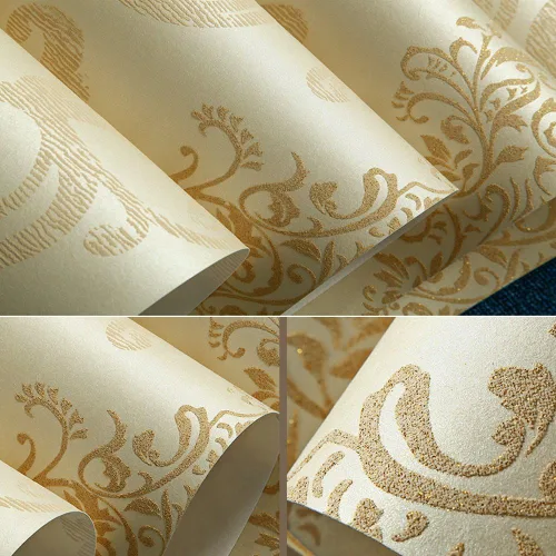 Miniatura 6 de QIHANG Color beige no tejido 1.7 ft*32.8 ft=5.3㎡ del rollo del papel pintado del polvo de la perla del damasco del estilo europeo 3D Amarillo claro