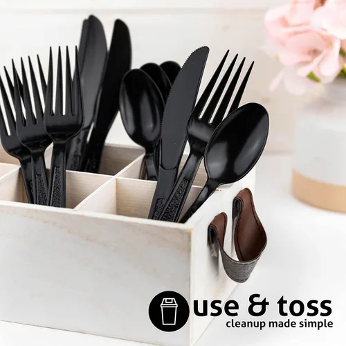 Miniatura 5 de Juego de cubiertos de plástico pesado, 200 tenedores, 100 cuchillos, 100 cucharas, combo de cubiertos desechables (negro)