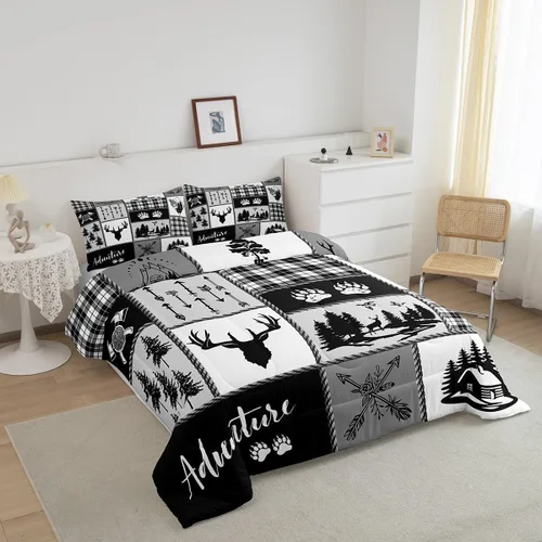 Miniatura 197 de Juego de edredón de cuernos de ciervo tamaño individual, juego de ropa de cama rústica de granja con huellas de oso y pinos para decoración