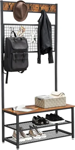 Miniatura 8 de VASAGLE UHSR46BX - Perchero industrial, estante para zapatos con tablero de notas de rejilla, 9 ganchos y estantes de almacenamiento, para pasillo