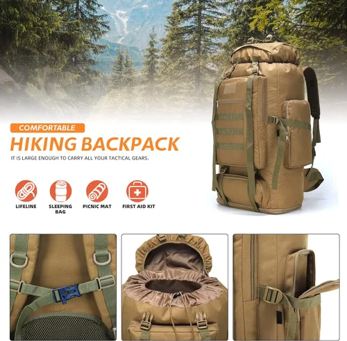 Miniatura 2 de 70L/100L senderismo camping mochila MOLLE mochila impermeable Daypack para viajar, Caqui, Mochila de senderismo 100l