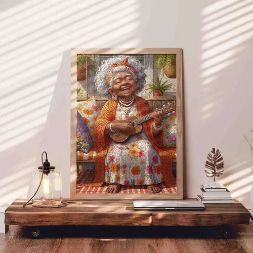Miniatura 3 de Rompecabezas de 1000 piezas de anciana afroamericana para adultos, abuela tocando la guitarra, rompecabezas para actividades familiares desafiantes