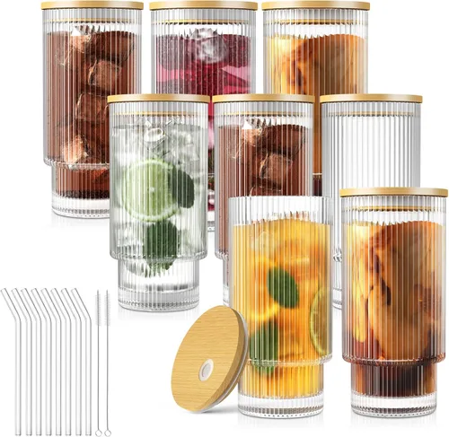CWHHRN Vasos de vidrio, tazas de café de vidrio vintage de 16 onzas con tapas y pajitas, juego de 8 unidades, cristalería vintage para whisky, 8