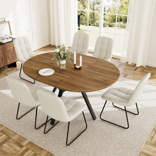 Miniatura 13 de HIPIHOM Juego de mesa de comedor redonda extensible para 6 personas, mesa de cocina extensible de 43.3 a 59.1 pulgadas con 6 sillas tapizadas, Mesa