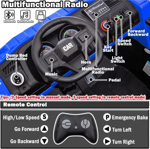 Miniatura 6 de NEWQIDA Camión volcador de 24V para niños, coche eléctrico con control remoto, vehículos de construcción con cama basculante eléctrica, pala, 2 Azul