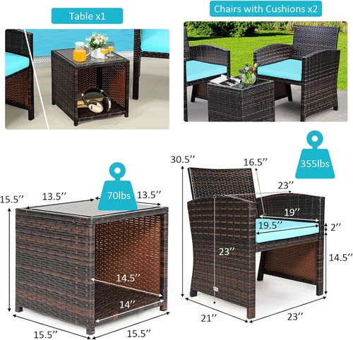 Miniatura 5 de Tangkula Juego de muebles de ratán de polietileno de 3 piezas, juego de conversación de patio con silla y mesa de café de almacenamiento, cojín