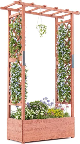 Miniatura 11 de GarveeLife Paquete de 2 macetas altas de madera con enrejado, cama de jardín elevada de 61.5 pulgadas de alto sobre ruedas, maceta vertical