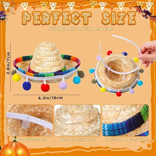 Miniatura 3 de Jexine Juego de 30 piezas de fiesta de Cinco de Mayo, incluye 10 diademas mexicanas con sombrero y 20 maracas de madera, mini sombreros