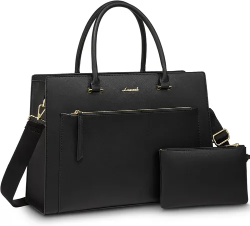 LOVEVOOK Bolsa para laptop para mujer, bolsa de cuero de 15.6 pulgadas con soporte para tazas y embrague desmontable, maletín profesional Negro