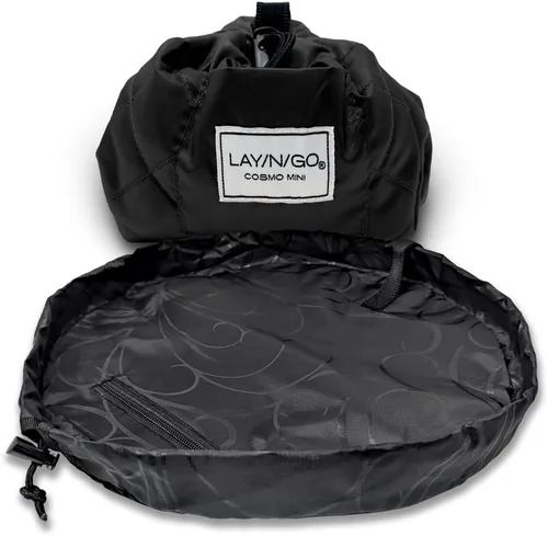 Lay-n-Go Cosmo Layflat - Organizador de cosméticos y maquillaje con cordón y bolsillo con cremallera, bucles para cepillos y más, se ajusta para