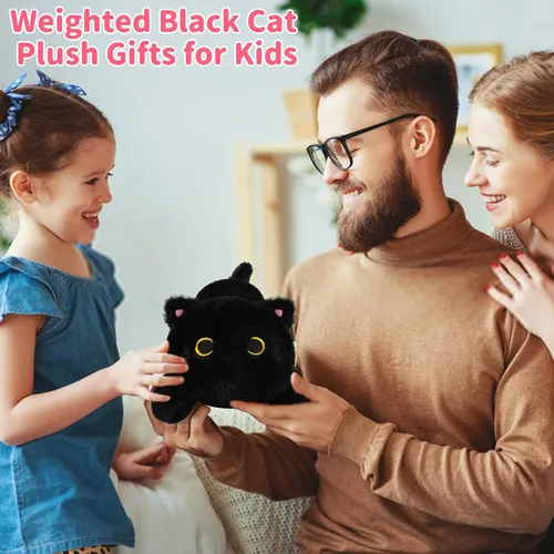 Miniatura 2 de Peluche de gato negro con peso, lindos animales de peluche con peso para niños, realista y suave, abrazable, regalo para niñas y niños