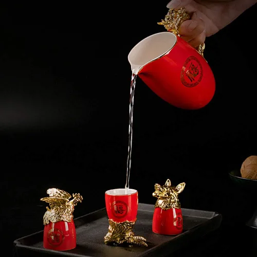 Miniatura 5 de Doce signos del zodíaco chino, 13 piezas, juegos de bar, licor de vino, porcelana, 1 pote y 12 tazas, juego de obras de arte hechas a mano, Rojo