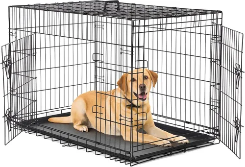 Miniatura 9 de DUMOS Jaula para perros, jaula mediana de doble puerta de 36 pulgadas con bandeja de plástico a prueba de fugas, asa, perrera plegable de alambre