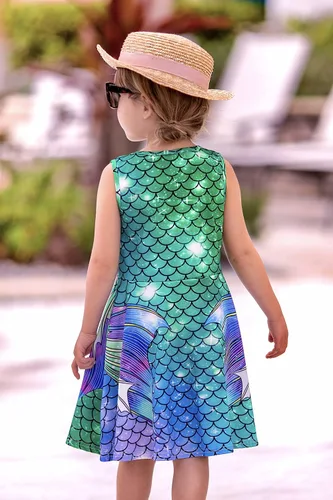Miniatura 3 de Funnycokid Girls Mermaid Dress Kids Summer Sleeveless Dresses Birthday Sundress Swing Outfit 4-13 Years