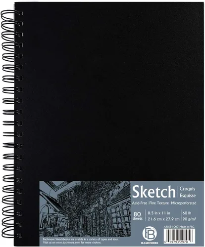Bachmore - Cuaderno de bocetos de 8.5 x 11 pulgadas, bloc de bocetos en espiral izquierdo con tapa dura, papel de dibujo perforado y duradero sin