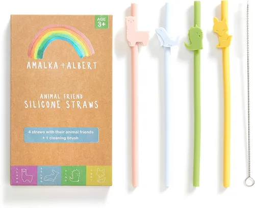 Pajitas de silicona reutilizables y seguras para niños, 4 piezas flexibles de 7.8 pulgadas de largo con 1 cepillo de limpieza para vasos de 20 onzas