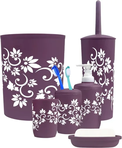 Miniatura 2 de Blue Donuts Juego de accesorios de baño completo, cepillo y soporte para inodoro, basura, soporte para cepillos de dientes, morado, 6 piezas