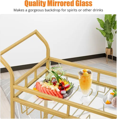 Miniatura 5 de GAOMON Carrito de bar grande dorado, carrito de servicio de bar en casa, carrito de vino con 2 estantes espejados, soportes para vino, soportes