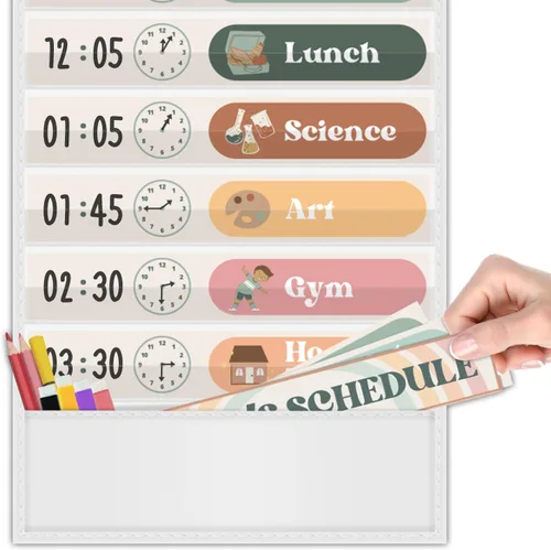 Miniatura 5 de Boho Tabla de Bolsillo con Horario Diario para el Aula con 24 Tarjetas, Decoración de Bienvenida para el Regreso a la Escuela, Blanca