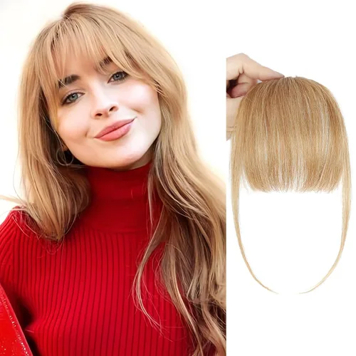 BOGSEA Flequillo con clip, 100 % cabello humano con flequillo con sienes, extensiones para mujer, flequillo falso con clip para uso diario (rubio