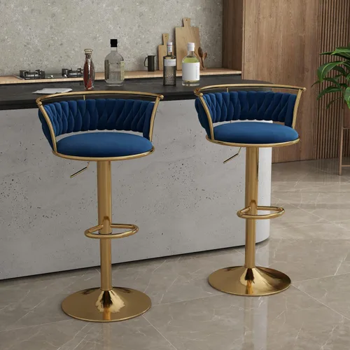 Miniatura 20 de Juego de 2 taburetes de bar giratorios de 360°, silla de bar de terciopelo ajustable a altura de mostrador moderna, taburete de metal plateado