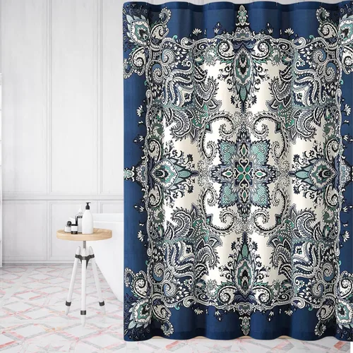 Miniatura 3 de Serafina Home Cortina de ducha bohemia, diseño floral de mandala azul marino, verde azulado, blanco, tela, 72 x 72 pulgadas, resistente a