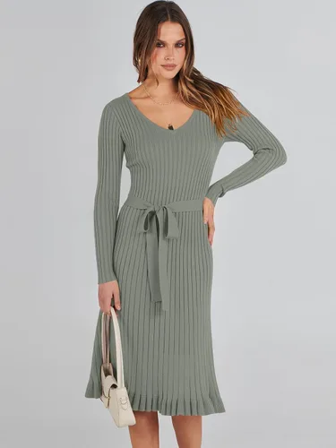 Miniatura 3 de ANRABESS Vestido tipo suéter de manga larga con cuello en V para mujer, plisado, ajustado, acanalado, de punto, con cinturón