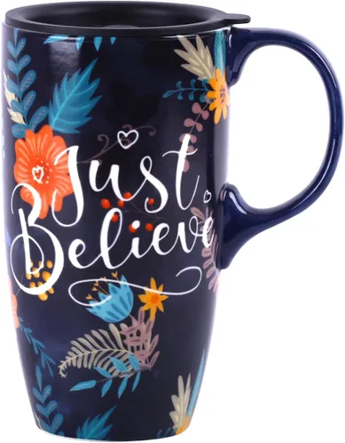 Miniatura 9 de Topadorn Taza de café de cerámica de 17 onzas, taza de viaje floral de cachemira azul y amarillo con tapa, apta para microondas y lavavajillas, sin