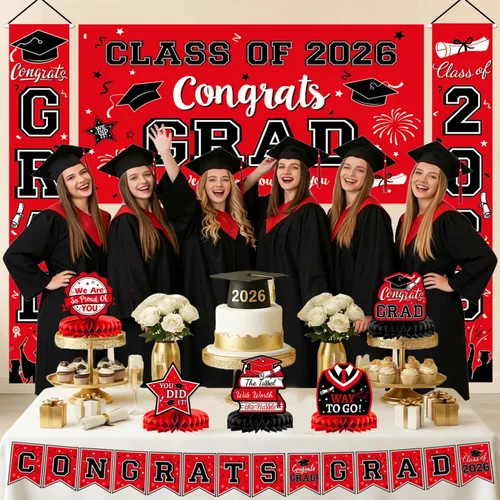 Miniatura 5 de Decoraciones de graduación 2026, juego de decoraciones de graduación rojo y negro con pancarta y telón de fondo de felicitaciones, letrero