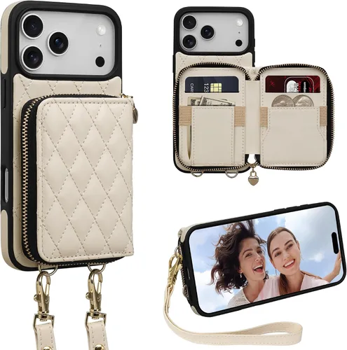 Miniatura 58 de Funda tipo cartera para iPhone 15 de 6.1 pulgadas, bolso cruzado con cremallera y correa para la muñeca con cordón para mujer, tarjetero con bloqueo