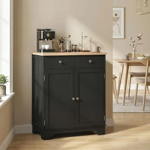 Miniatura 9 de HOMCOM Aparador de buffet con encimera de madera maciza, gabinete de almacenamiento de cocina moderno, gabinete de barra de café con 2 cajones, Negro