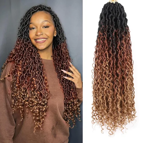 Miniatura 61 de Cabello de Crochet de 8 Pulgadas para Mujeres Negras, 7 Paquetes de Cabello de Crochet Goddess Locs con Puntas Rizadas, Locs Falsos Cortos con Bucle