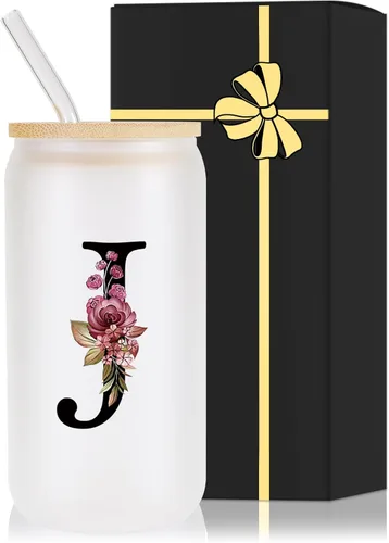 Miniatura 25 de Vaso de vidrio con monograma con tapa de bambú, popote personalizado, vaso de café helado de 16 onzas, tarro transparente de masón, cerveza, agua