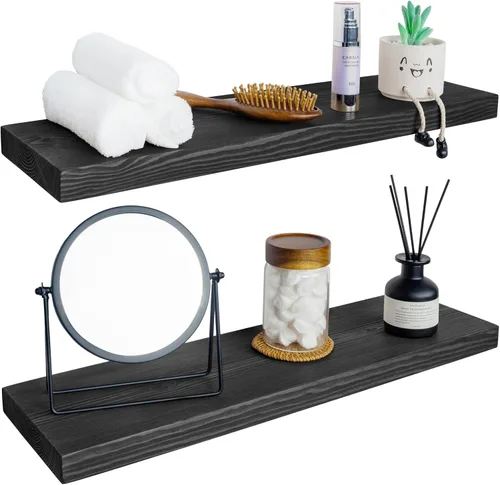 Miniatura 8 de BGMG Estantes flotantes de madera de 12 pulgadas, estantes flotantes negros, estantes de pared de madera maciza para baño, sala de estar