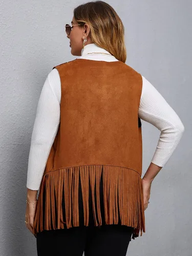 Miniatura 2 de SheIn Chaleco de ante sin mangas con flecos para mujer, estilo hippie, chaqueta estilo hippie de los años 70